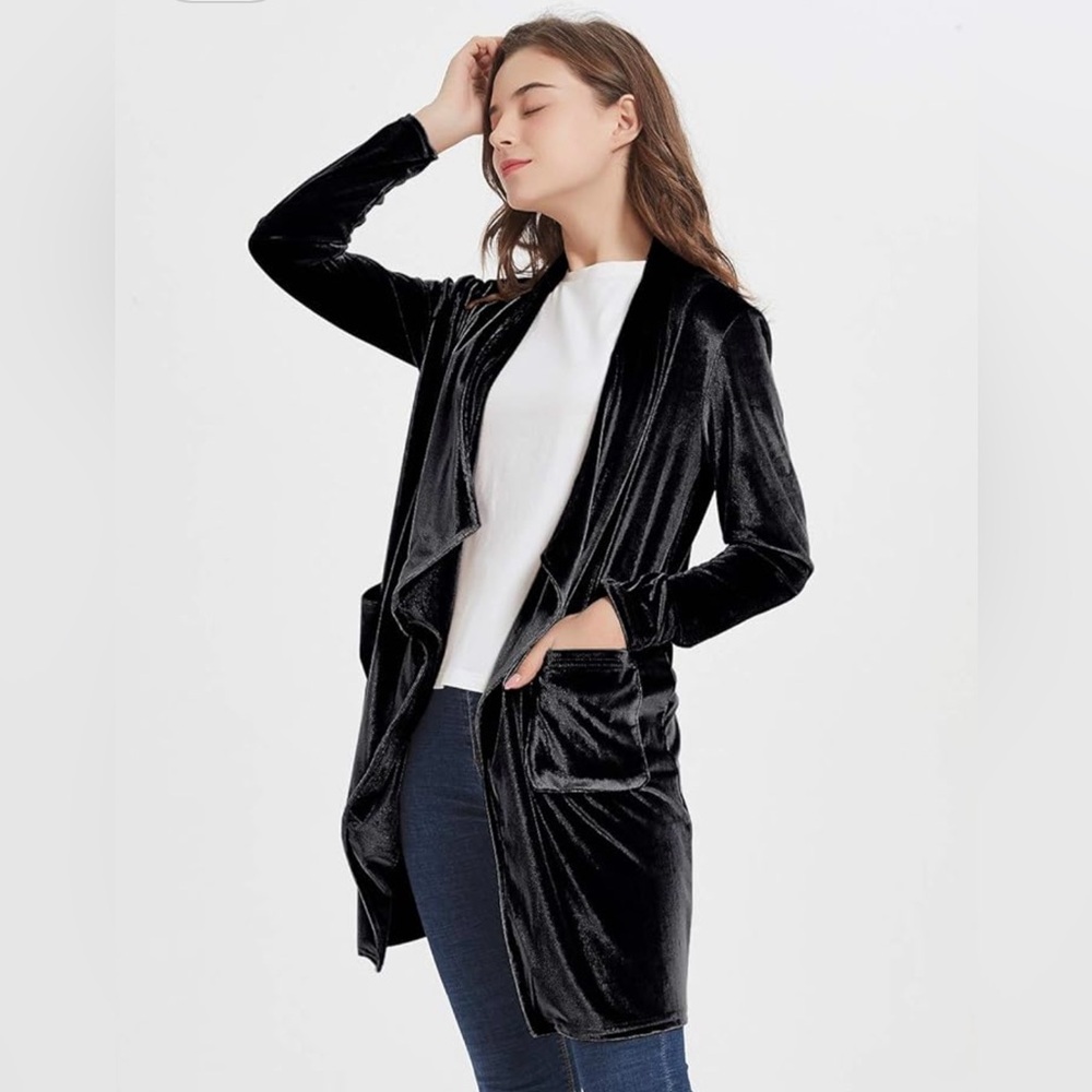NWT Futurino Solid Long Sleeve Velvet Jacket Open Front Cardigan with Pockets -L